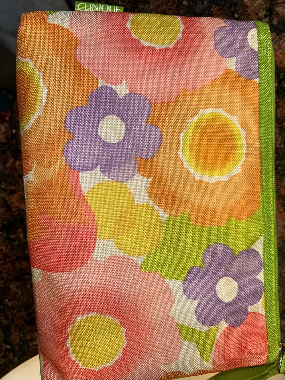 Clinique zipper Floral Canvas Cosmetic Zip Bag Pouch in Green Trim Vintage